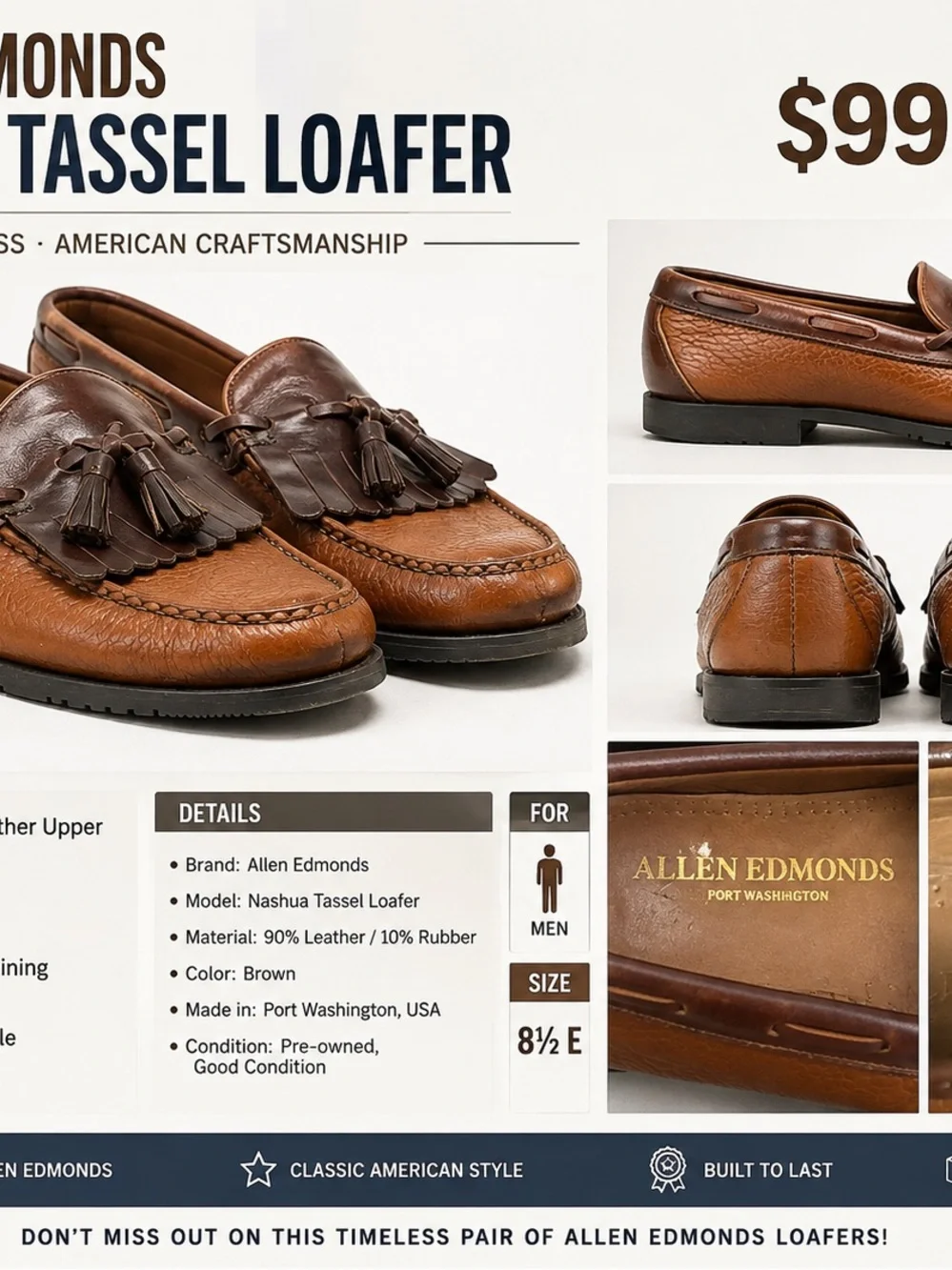 Leather tassel loafer, Allen Edmonds Nashua